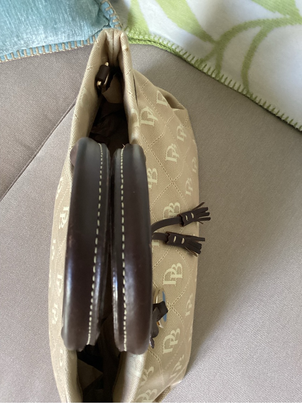 Dooney & Bourke Beige Logo Satchel with Dark Brown Trim - Picture 9 of 13